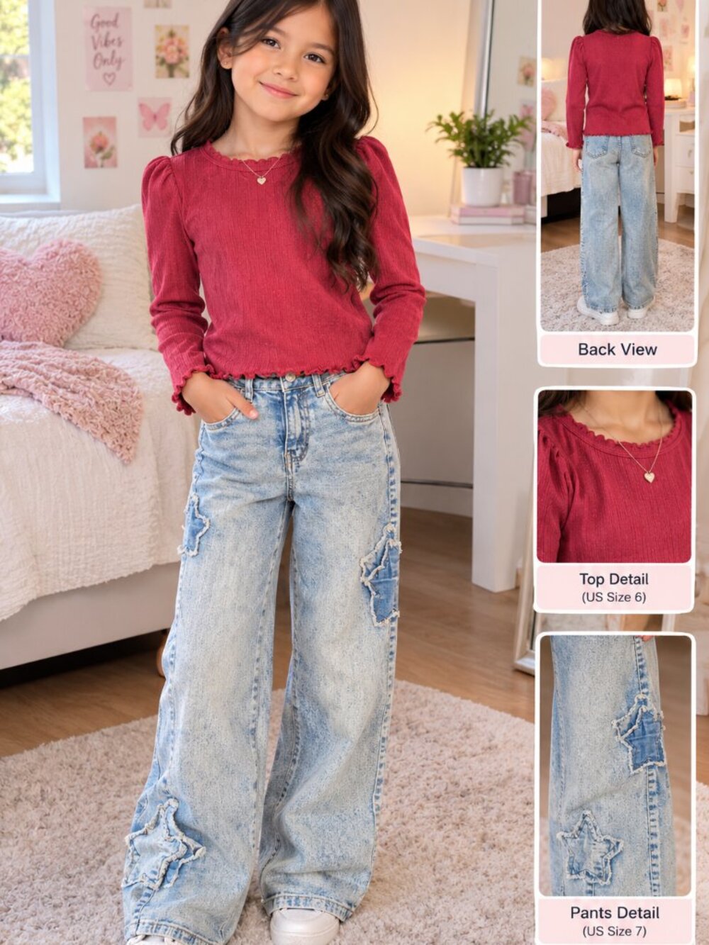 Denim Jeans Girls’ Star Patch Wide Leg Jeans US 7 + Wonder Nation Ribbed Top US